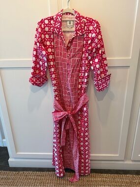 Sue Sartor Pink and White Button up Dress with Sash - Size Small